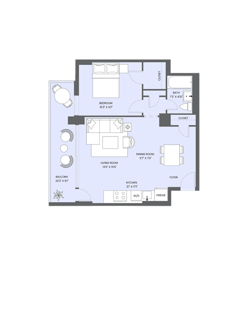 Floor plan for 1 bed, 1 bath